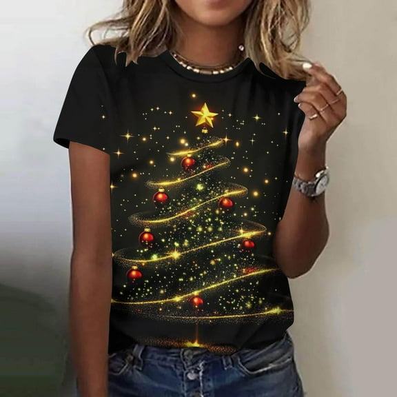 qolati Christmas Shirts for Women Holiday Short Sleeve Tunic Blouses Xmas Tree Cute Print Tops Crew Neck Graphic Tees Multicolor L