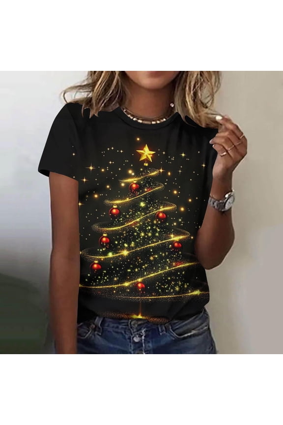 Christmas Shirts for Women Holiday Short Sleeve Tunic Blouses Xmas Tree Cute Print Tops Crew Neck Graphic Tees Multicolor XL