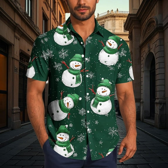 qolati Christmas Shirts for Women Xmas Tree Plaid Graphic Button Down Shirts Party Aloha Shirt Santa Claus Print Holiday Hawaiian Tops Green L