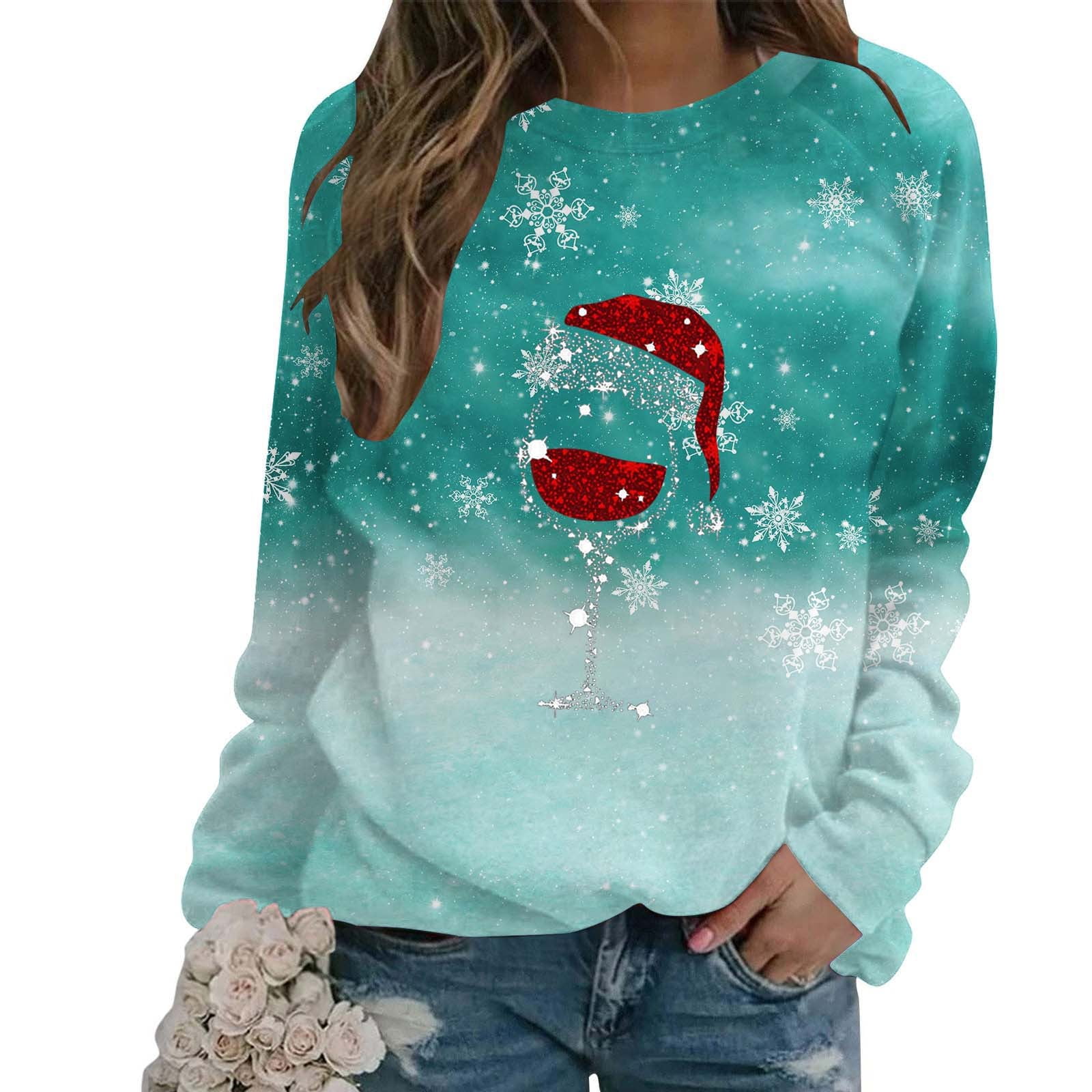 qolati Christmas Sweatshirts for Women 2024 Red Wine Glass Graphic