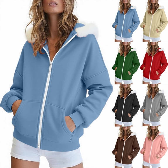 qolati Christmas Sweatshirts for Women Casual Loose Fleece Zip Up Hoodie Long Sleeve Faux Furs Trim Fuzzy Hooded Jackets with Pockets