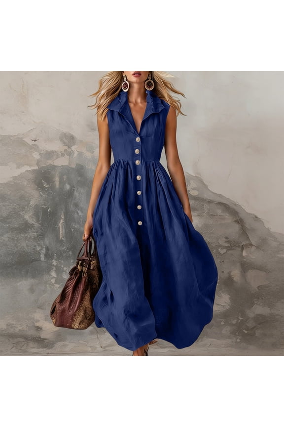 Church Dresses for Women Sleeveless Lapel Collared Long Maxi Dresses Casual Empire Waisted Button Down Shirt Dress Summer Beach Dresses S-3XL