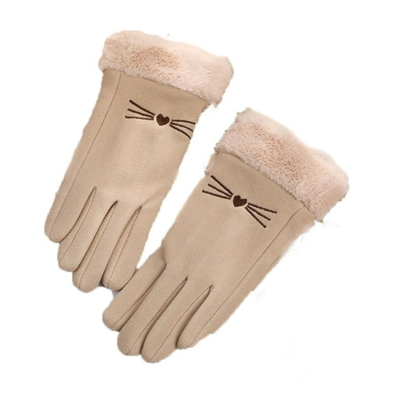 qolati Winter Gloves for Women Soft Faux Suede Cold Weather Gloves Cute Embroidery Fleece Lined Warm Thermal Mittens with Faux Furs Cuff