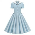 thumbnail image 1 of qolati Cocktail Dreeses 2024 Short Sleeve Tie Neck Vintage Wedding Party Midi Dress Buttons Down 50s Flared A-Line Casual Office Work Prom Swing Dress, 1 of 3