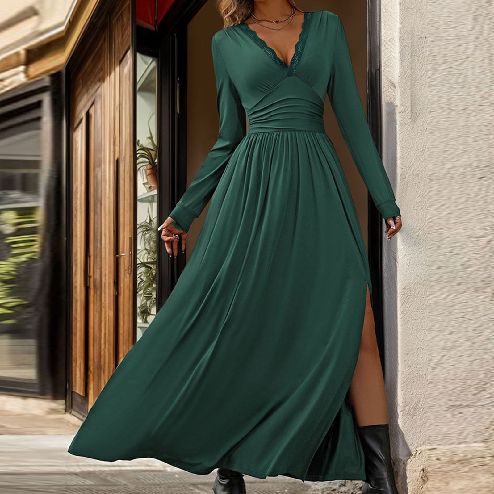 qolati Cocktail Dresses for Women Deep V Neck Long Sleeve Slit 2024 Fall Maxi  Dress Elegant Formal Wedding Guest Evening Date Prom Long Dress Army Green  L - Walmart.com