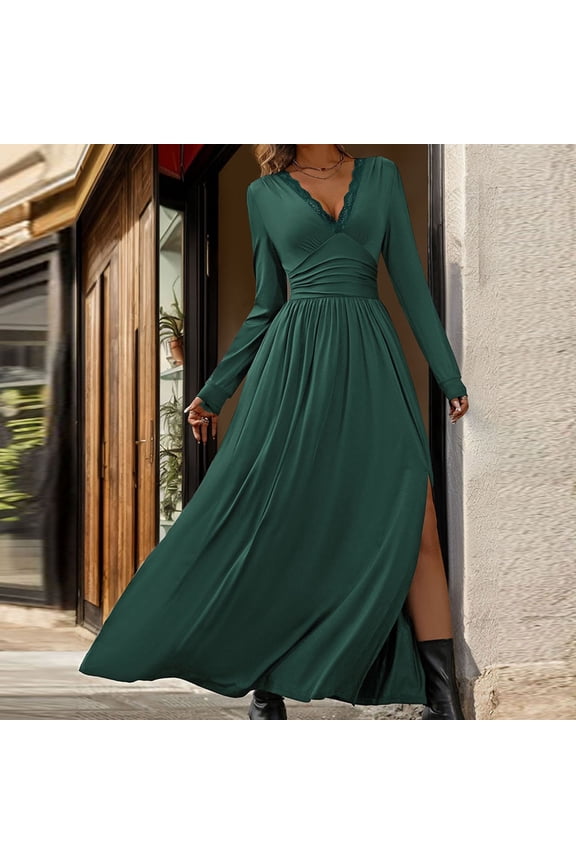Cocktail Dresses for Women Deep V Neck Long Sleeve Slit 2024 Fall Maxi Dress Elegant Formal Wedding Guest Evening Date Prom Long Dress Army Green S