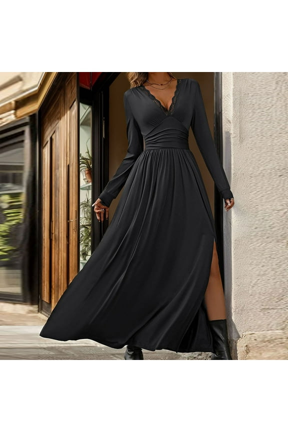 Cocktail Dresses for Women Deep V Neck Long Sleeve Slit 2024 Fall Maxi Dress Elegant Formal Wedding Guest Evening Date Prom Long Dress Black XL