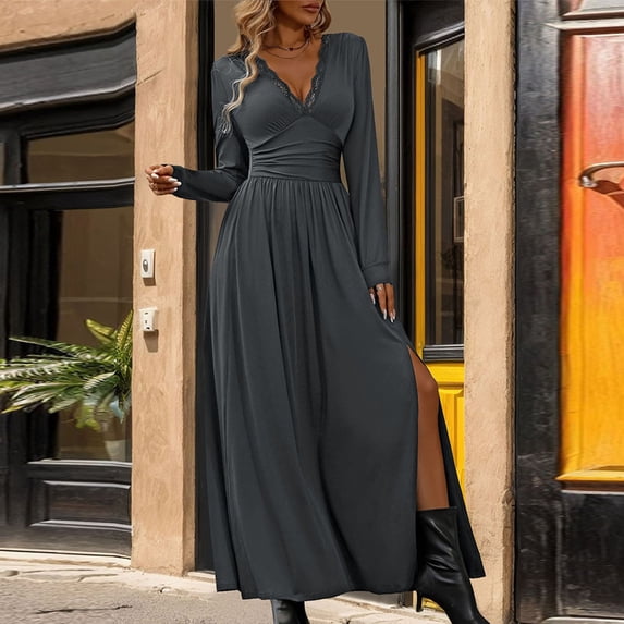 qolati Cocktail Dresses for Women Deep V Neck Long Sleeve Slit 2024 Fall Maxi Dress Elegant Formal Wedding Guest Evening Date Prom Long Dress Dark Gray S