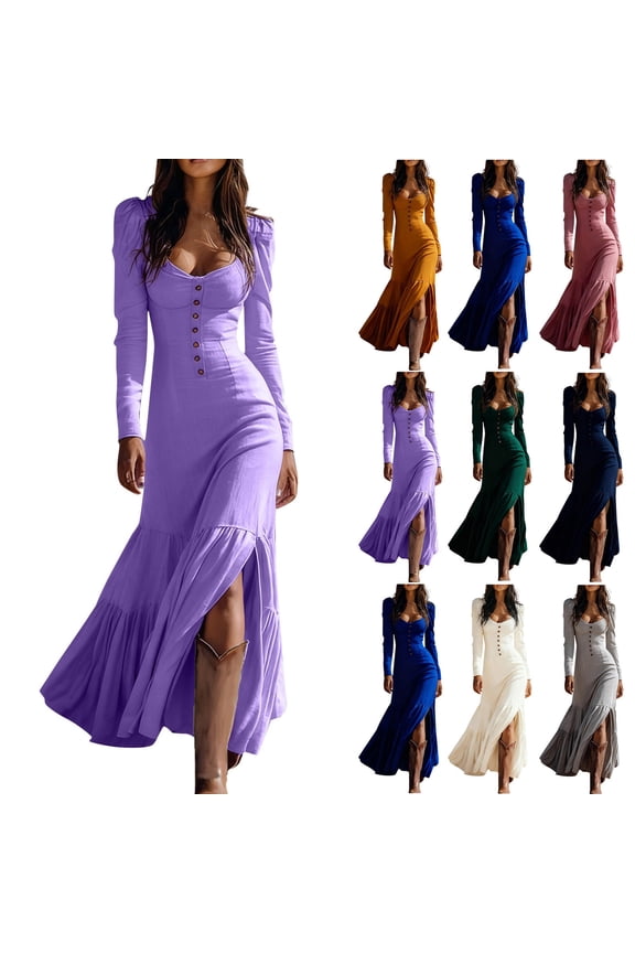 Cocktail Dresses for Women Vintage Western Cowgirl Dresses Sweethearts Neck Low Cut Button Boho Western Dress Elegant Holiday Party Puff Sleeve Ruffle Slit Hem Maxi Dress Pink M