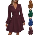 thumbnail image 1 of qolati Cocktail Dresses for Women Fall Casual Puff Sleeve V Neck Tiered Flowy Swing Short Mini Dresses Wedding Party Vacation Outfits Blue L, 1 of 4