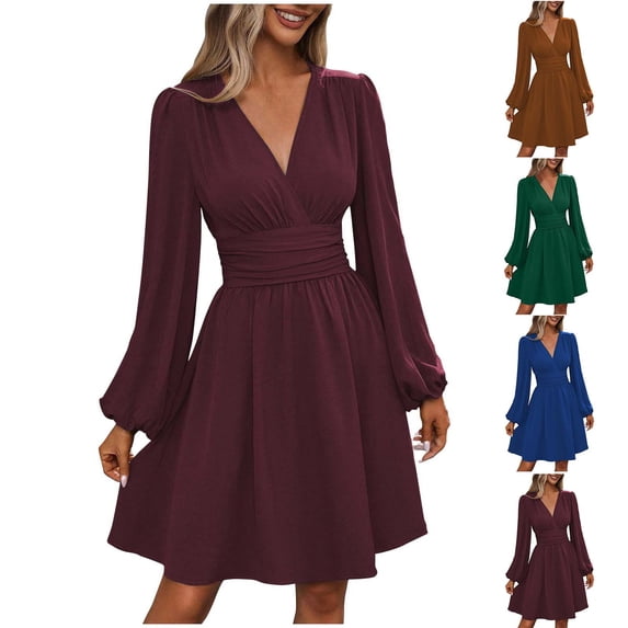 qolati Cocktail Dresses for Women Fall Casual Puff Sleeve V Neck Tiered Flowy Swing Short Mini Dresses Wedding Party Vacation Outfits Blue L