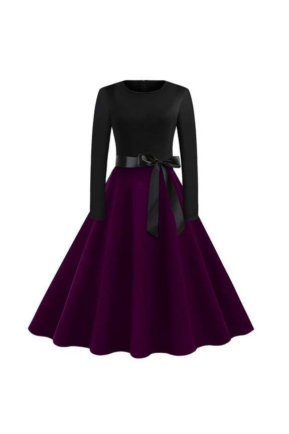 Cocktail Dresses for Women Vintage Wedding Guest Long Sleeves Formal Church Dress 1950 Retro Halloween Pleated Swing Party Dress Purple XXL