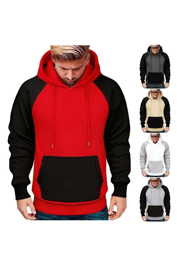 Color Block Hoodies for Men Fleece Lined Long Sleeve Sweatshirts Pullover Casual Lightweight Western Vintage Work Sweater Tops with Pocket White S
