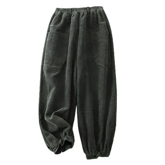 qolati Corduroy Cargo Pants for Women Vintage Elastic High Waist Straight Wide Leg Pants Fall Winter Lounge Work Trousers with Pocket