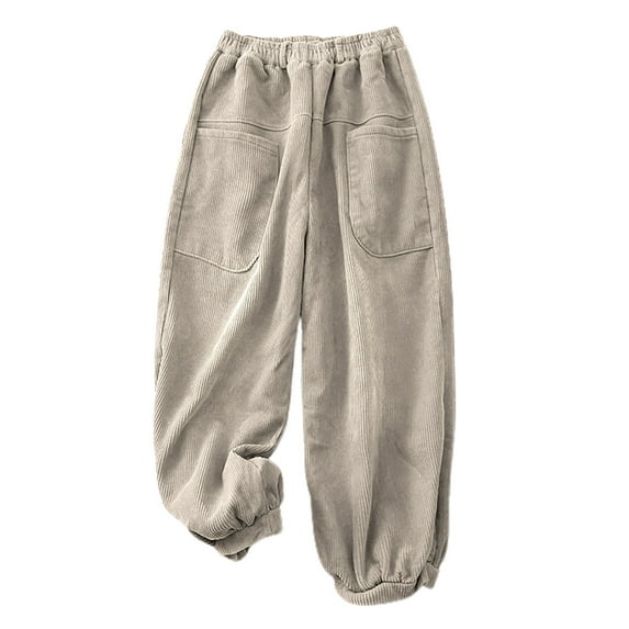 qolati Corduroy Cargo Pants for Women Vintage Elastic High Waist Straight Wide Leg Pants Fall Winter Lounge Work Trousers with Pocket