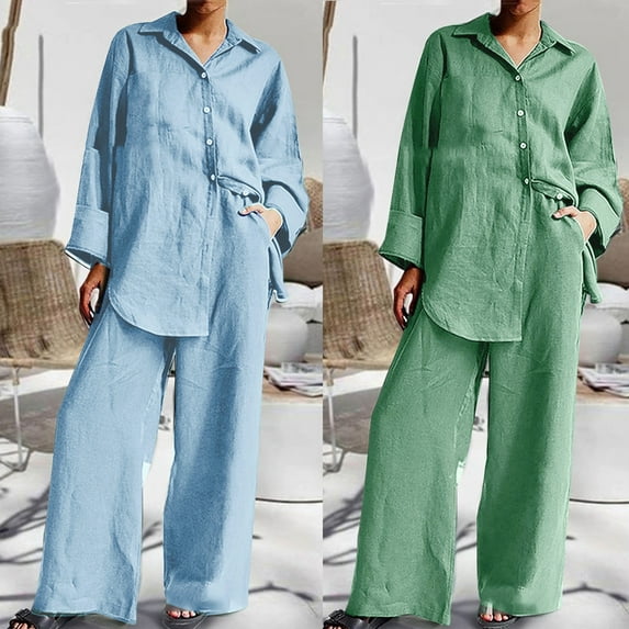 qolati Cotton Linen 2 Piece Outfits for Women Casual Loose Long Sleeve Blouse Top Wide Leg Pants Set Fall Clothes Plus Size Comfy Solid Workwear Lounge Suits