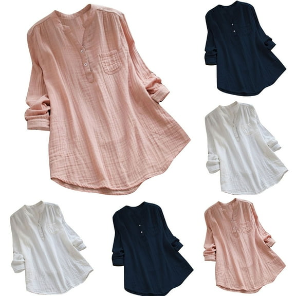 qolati Cotton Linen Blouses for Women Casual Long Sleeve V Neck Button Up Shirts Comfy Loose Fit Flowy Tunic Tops