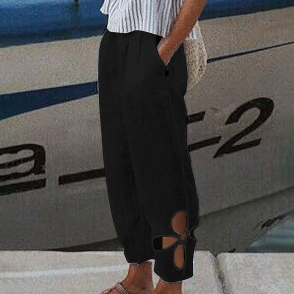 qolati Cotton Linen Capris Pants for Women Loose Fit Wide Leg Cropped Beach Trouse Wide Leg Elastic Yoga Sweatpants