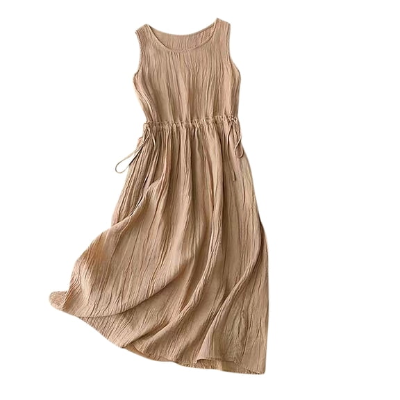 qolati Cotton Linen Dresses for Women 2024 Sleeveless Elastic Waisted Flowy Beach Dress Textured Casual Scoop Neck Pleated Midi Dress
