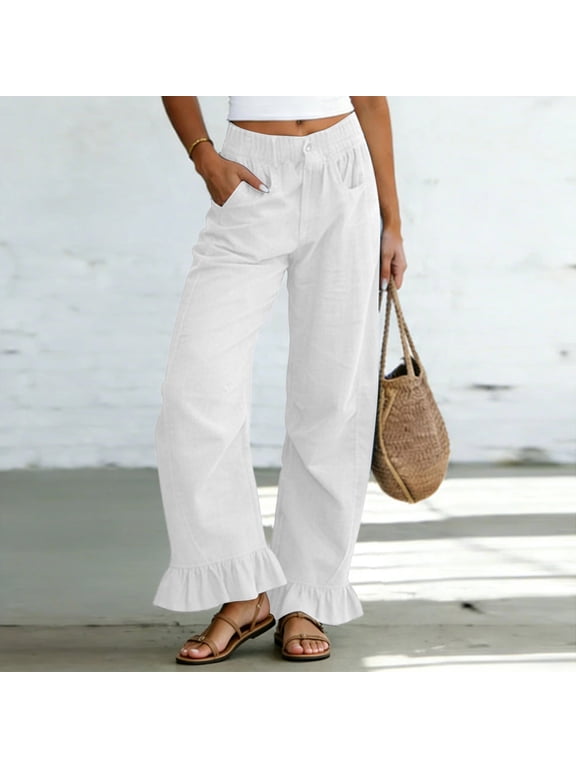 Cotton Linen Pants Women Comfy Wide Leg Palazzo Pants Elastic Waist Ruffle Bottom Flowy Summer Beach Casual Trousers with Pockets S-3XL