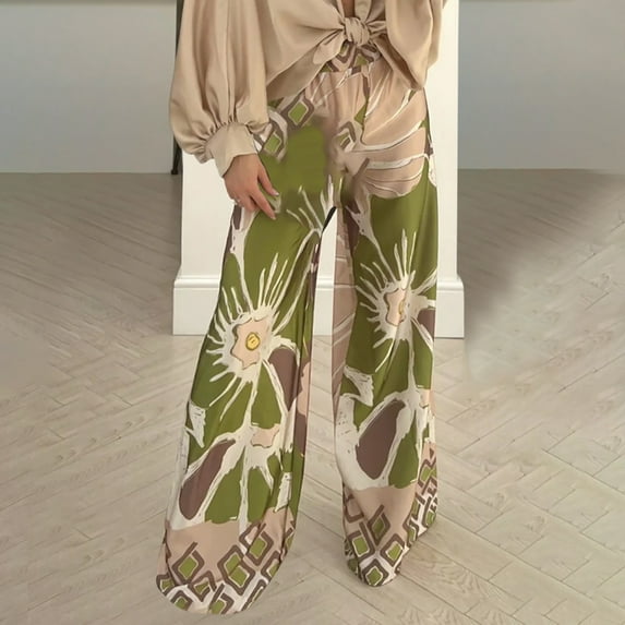 qolati Cotton Linen Pants for Women Boho Flroal Print Wide Leg Palazzo Pant Lightweight Casual High Waisted Baggy Yoga Lounge Trousers