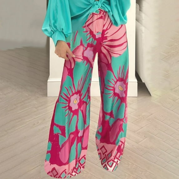 qolati Cotton Linen Pants for Women Boho Flroal Print Wide Leg Palazzo Pant Lightweight Casual High Waisted Baggy Yoga Lounge Trousers