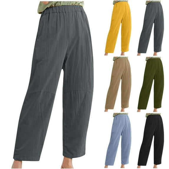 qolati Cotton Linen Pants for Women Casual Elastic High Waisted Solid Color Sweatpants 2023 Summer Classic Fit Palazzo Pants