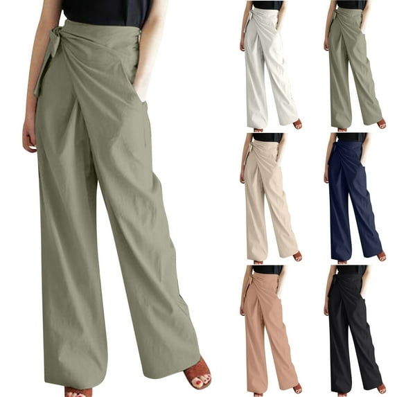 qolati Cotton Linen Pants for Women Casual High Waisted Tie Side Palazzo Pants Elegant Classic Fit Work Dress Trousers