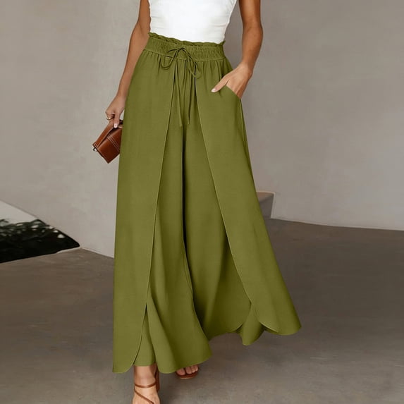 qolati Cotton Linen Pants for Women Casual Loose Drawstring Ruffle High Waist Beach Trousers Summer Flowy Wide Leg Palazzo Pants