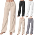 thumbnail image 1 of qolati Cotton Linen Pants for Women Drawstring Eastic Waistband Wide Leg Palazzo Pants 2023 Summer Classic Fit Straight Leg Long Lounge Trousers, 1 of 6