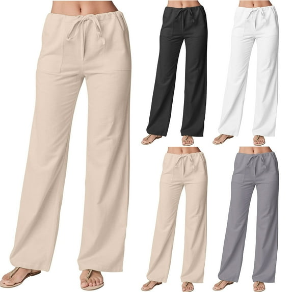 qolati Cotton Linen Pants for Women Drawstring Eastic Waistband Wide Leg Palazzo Pants 2023 Summer Classic Fit Straight Leg Long Lounge Trousers
