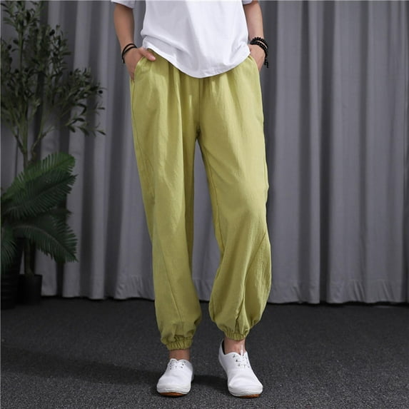 qolati Cotton Linen Pants for Women Summer Elastic High Waist Palazzo Trousers Casual Wide Leg Beach Tapered Pants