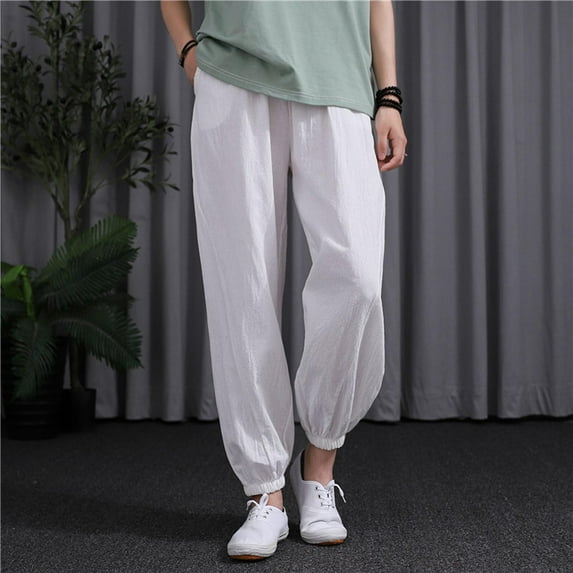 qolati Cotton Linen Pants for Women Summer Elastic High Waist Palazzo Trousers Casual Wide Leg Beach Tapered Pants