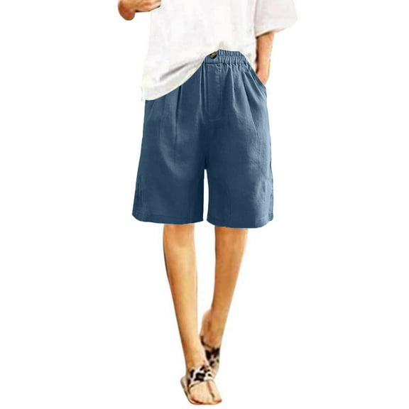 qolati Cotton Linen Shorts for Women 2024 Summer Casual Cargo Shorts Elastic Waist Knee Length Hiking Bermuda Shorts with Pockets