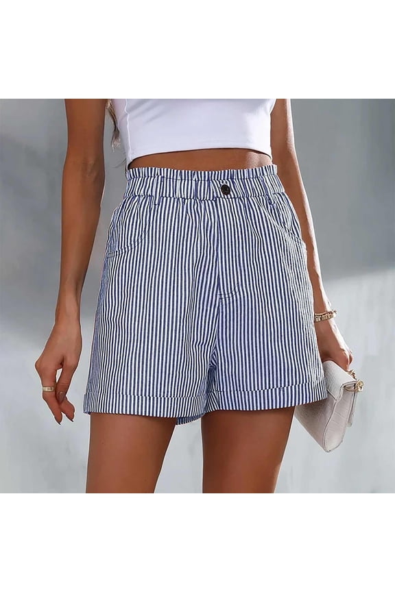 Cotton Linen Shorts for Women Summer Striped Elastic Waist Pull On Work Shorts Dressy Casual Wide Legs Bermuda Shorts