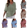 thumbnail image 1 of qolati Cotton Linen Tops for Women Oversized 3/4 Sleeve V Neck Button Down Blouses Summer Basic Solid Color Tunic Shirts, 1 of 6