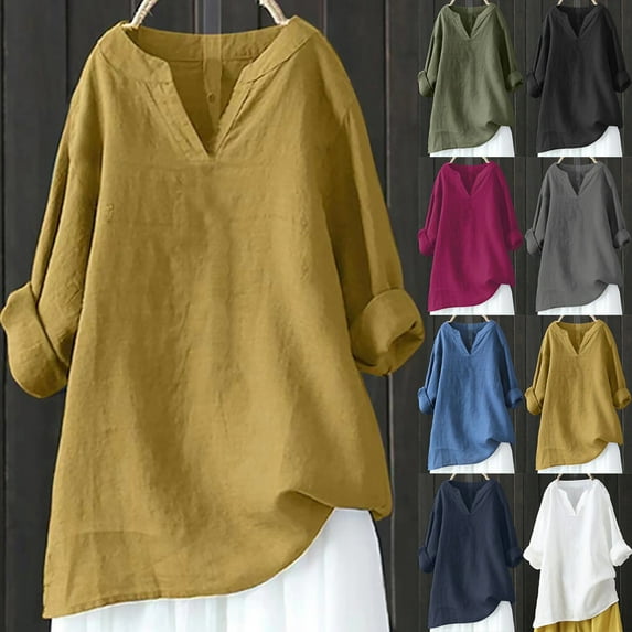 qolati Cotton Linen Tops for Women Plus Size Lightweight Long Sleeved V Neck Flowy Blouse Casual Loose Fit Solid Color Tunic Shirts
