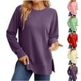 thumbnail image 1 of qolati Crewneck Fall Sweatshirts for Women Long Sleeve Shirts Fall Side Slit Pullover Tops Teen Y2k Outfits Green S, 1 of 6