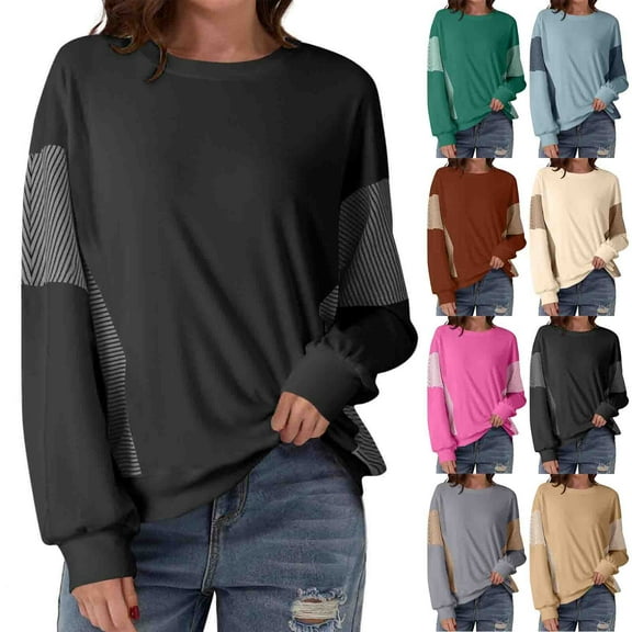qolati Crewneck Sweatshirts Women Color Block Puff Long Sleeve Tunic Tops Fall Fashion Clothes Winter Pullover Blouses Brown XXL