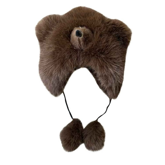 qolati Cute Plush Bear Ear Winter Hats for Women Faux Furs Beanie Soft Warm Fleece Lined Long Straps Snow Ski Cap with Pompom