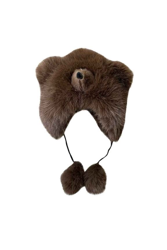 Cute Plush Bear Ear Winter Hats for Women Faux Furs Beanie Soft Warm Fleece Lined Long Straps Snow Ski Cap with Pompom