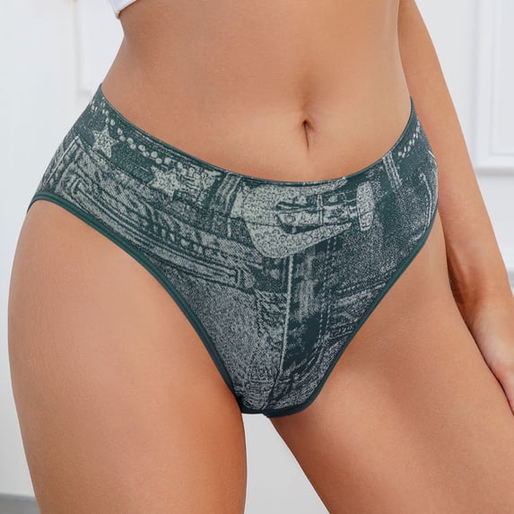 qolati Denim Printed Underwear for Women Lightweight Seamless Cheeky Bikini Briefs Soft Breathable No Show Ladies Panties Green L