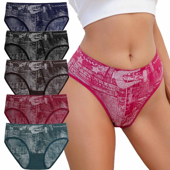 qolati Denim Printed Underwear for Women Lightweight Seamless Cheeky Bikini Briefs Soft Breathable No Show Ladies Panties Hot Pink L