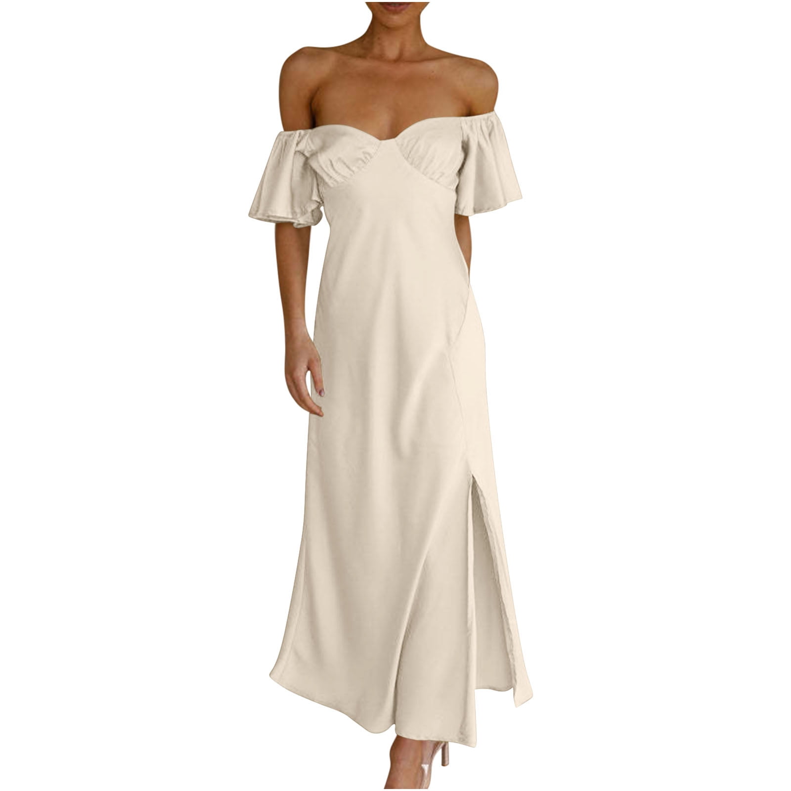qolati Dresses for Women 2024 Ruffle Sleeves Off Shoulder Wedding Guest ...