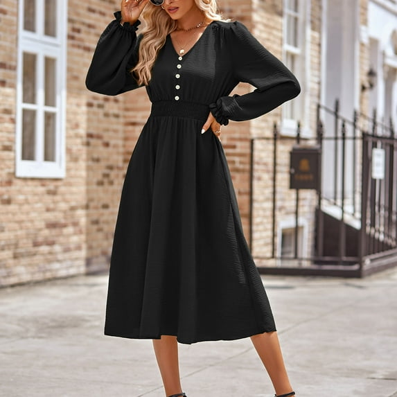 qolati Dresses for Women 2023 Fashion Lantern Sleeve V Neck Stretchy High Waist Midi Dress Elegant Button Down Pleated Swing Holiday Going Out Dress