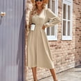 thumbnail image 1 of qolati Dresses for Women 2023 Fashion Lantern Sleeve V Neck Stretchy High Waist Midi Dress Elegant Button Down Pleated Swing Holiday Going Out Dress, 1 of 7