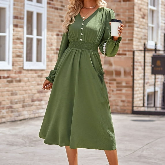 qolati Dresses for Women 2023 Fashion Lantern Sleeve V Neck Stretchy High Waist Midi Dress Elegant Button Down Pleated Swing Holiday Going Out Dress