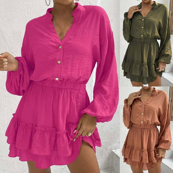 qolati Dresses for Women 2023 Trendy Button Up V Neck Puffy Sleeve A-Line Boho Dress Casual Stretch Waist Layered Ruffle Mini Dress