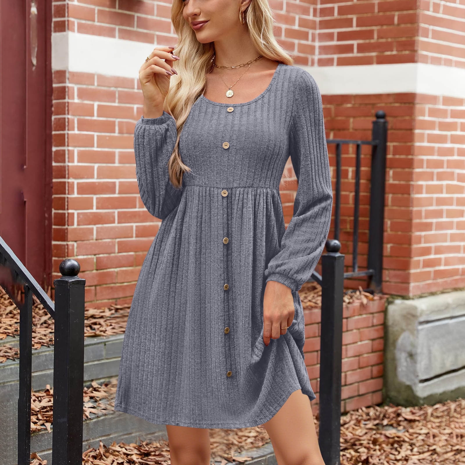 Qolati Dresses for Women Long Sleeve Knit Sweater Dress Fall Midi Casual Dress Thin Empire Waist Flowy Fit and Flare Dresses with Pockets