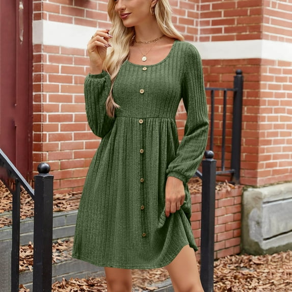 qolati Dresses for Women Long Sleeve Knit Sweater Dress Fall Midi Casual Dress Thin Empire Waist Flowy Fit and Flare Dresses with Pockets